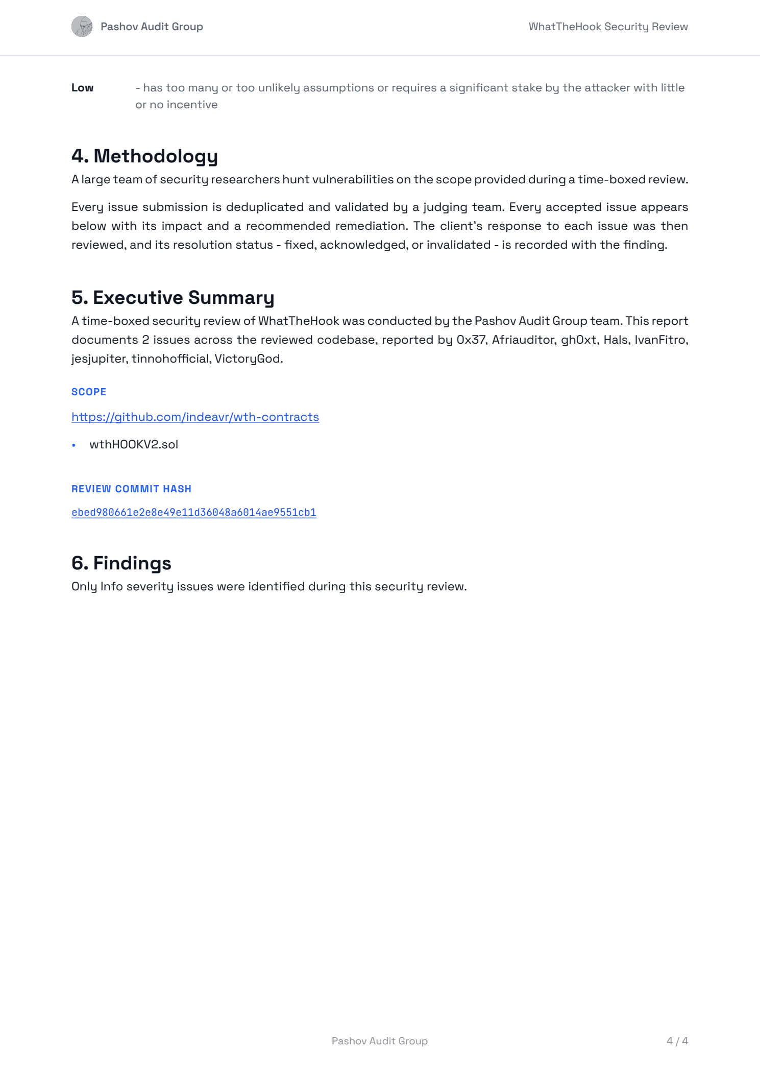 Pashov Audit Group — WhatTheHook security review, page 4 of 4